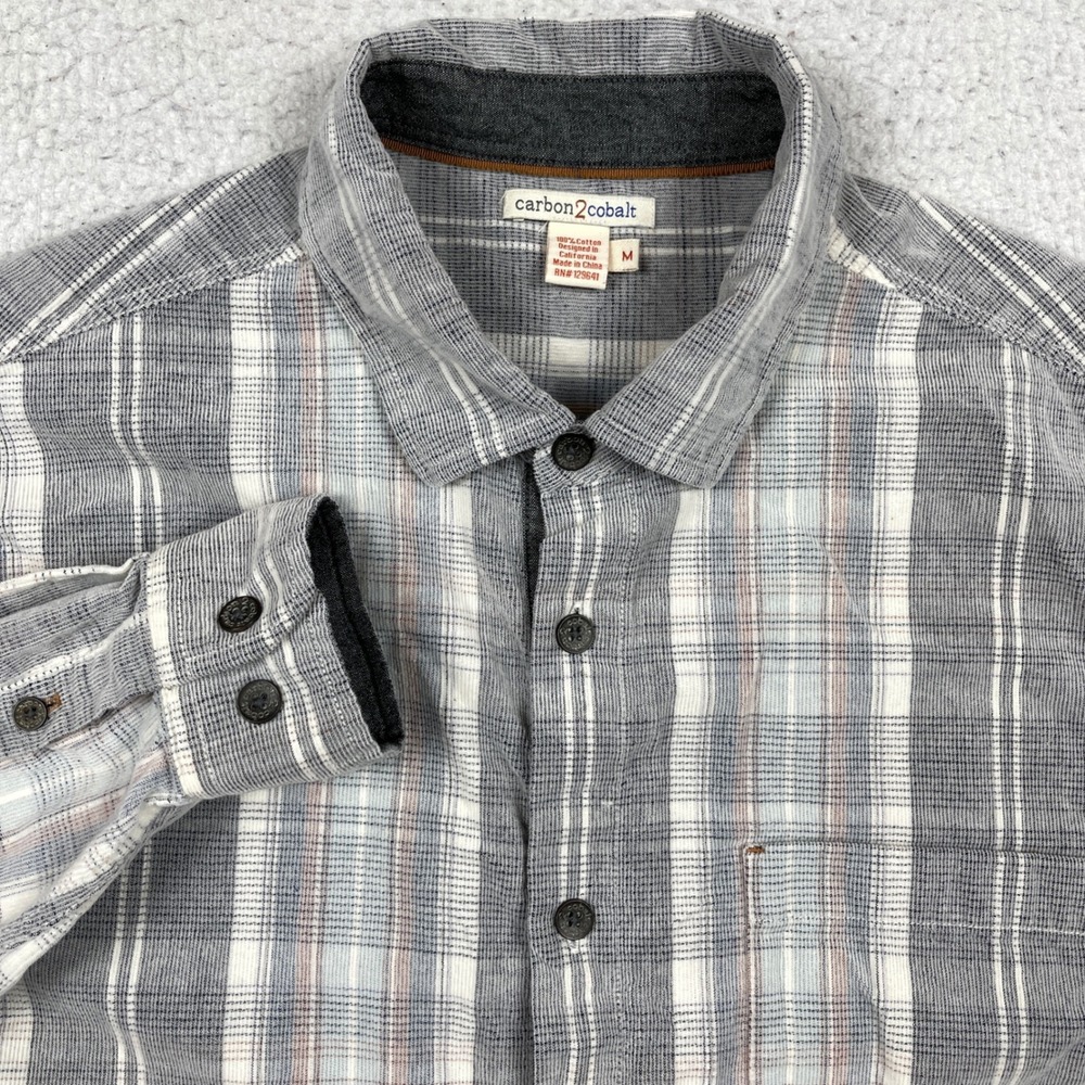 Carbon2Cobalt Button Down Mens M Grey Plaid Textured Cotton Rugged Coastal Cabin